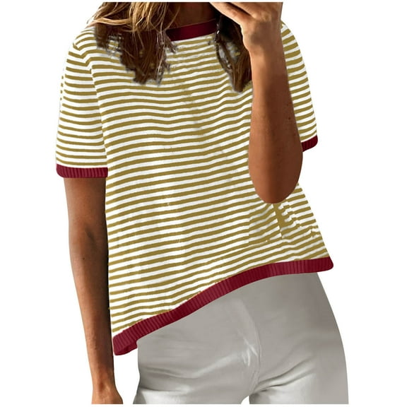 Timegard Womens Tops Crewneck Short Sleeve Striped Loose Comfy Casual Tee Shirts Block Color Blouse