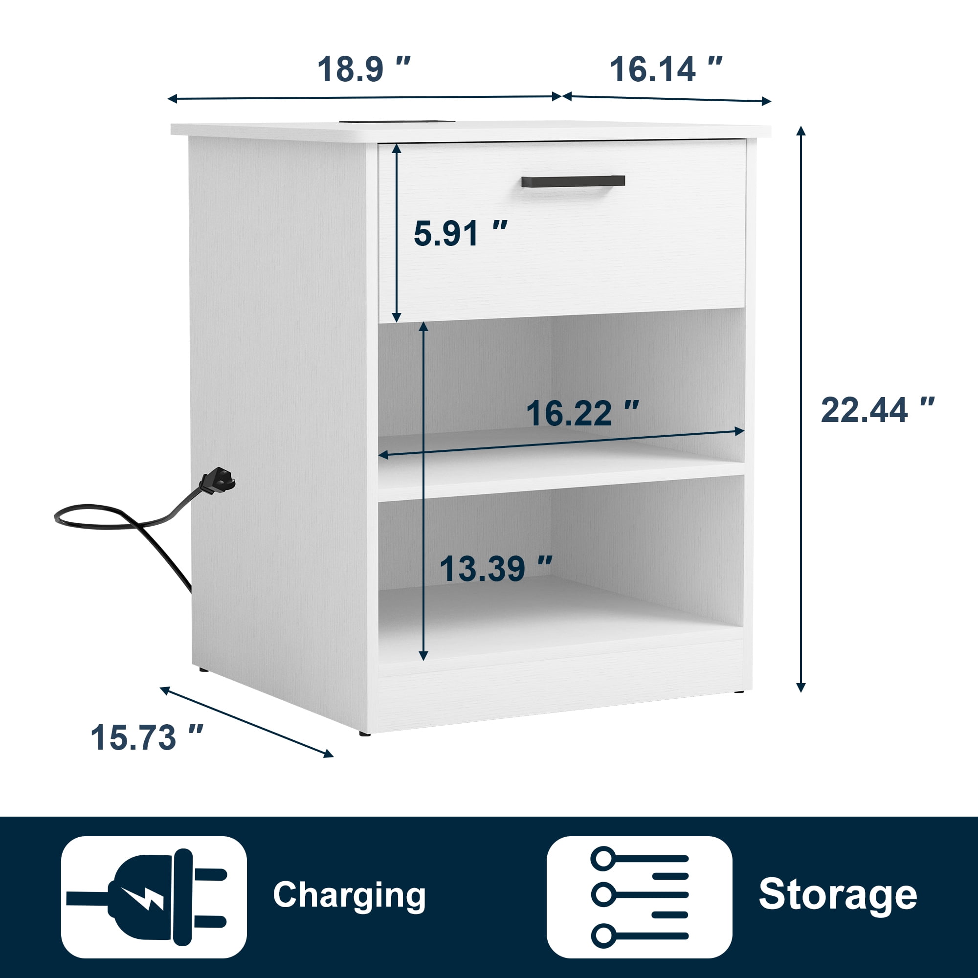 Demi Bonn 18.9" Side Table with Fast Charging Station USB C Cable Fast Charging, Wood End Table Nightstand with Drawer and Shelf for Living Room, White