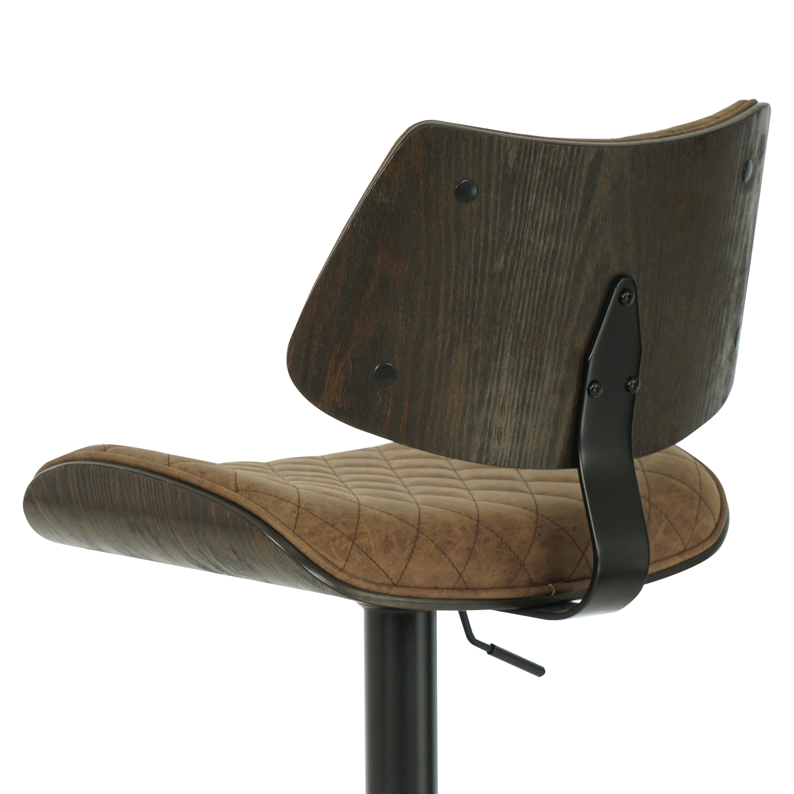 Leland Adjustable Swivel Vintage Dark Brown Curved Back Wood Bar Stool with Faux Leather Seat