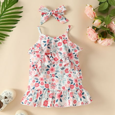 

NIUREDLTD Toddler Girls Sleeveless Floral Prints Princess Dress Clothes Headbands Set