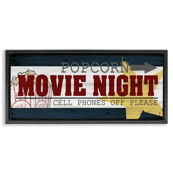 Stupell Industries Movie Night Vintage Sign Typography Painting Black Floater Framed Canvas Art Print Wall Art, 25 x 11
