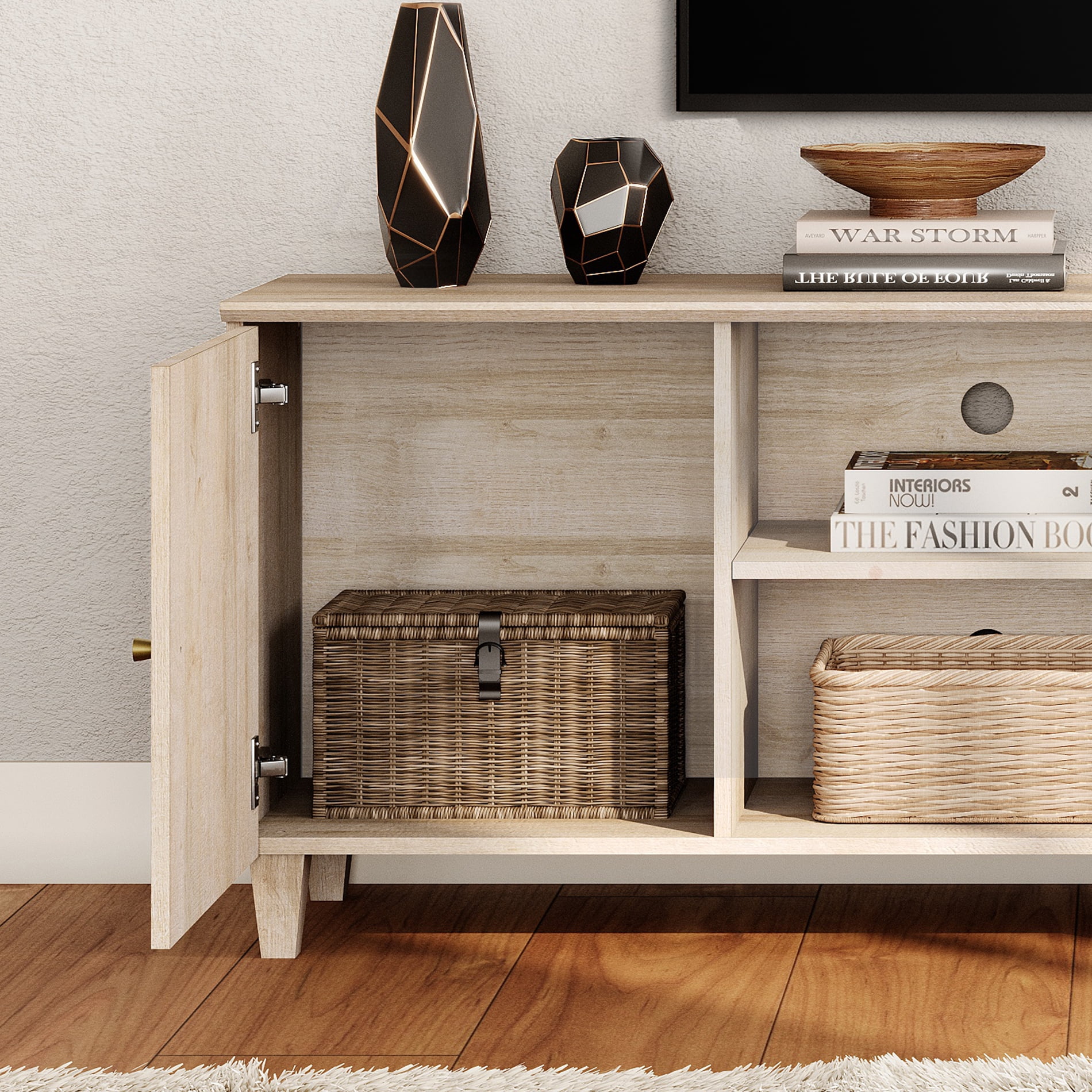 WAMPAT 3-in-1 TV Stand with Cabinets and Drawers, Modern Wood Entertainment Center Media Console for 75+ inch TVs, Light Oak