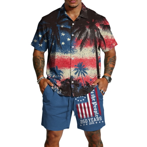 4th of July Men's 2 Piece Shorts Set Summer Beach Outfits Short Sleeve Button Down Shirts and Shorts US 250 Years Anniversary Vacation Sets