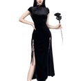 thumbnail image 1 of Lucakuins Vestido Cheongsam Chino para Mujer, Vintage Tie-up Color S贸lido Manga Corta Stand Collar Slit, 1 of 9
