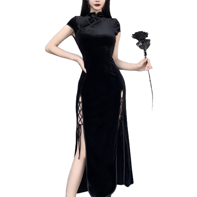 Lucakuins Vestido Cheongsam Chino para Mujer, Vintage Tie-up Color S贸lido Manga Corta Stand Collar Slit