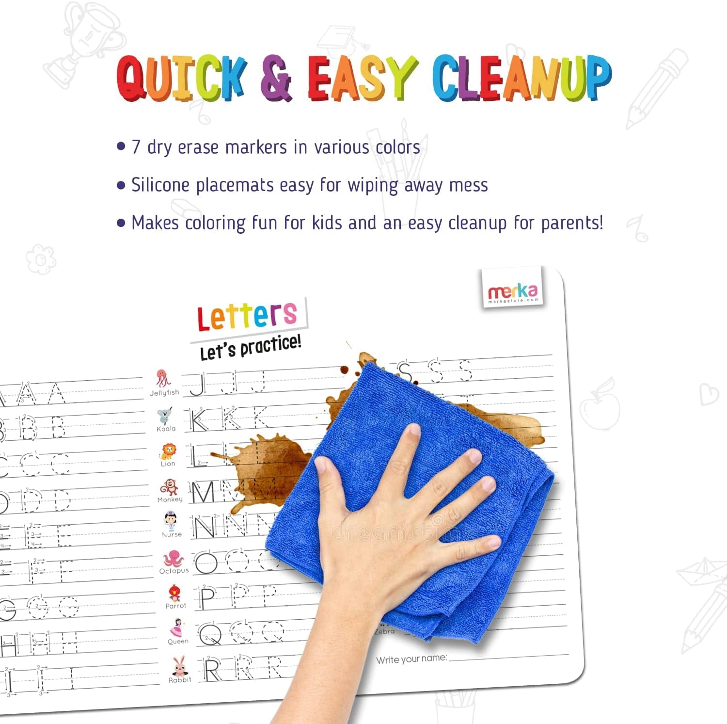 merka Alphabet Placemats for Kids Placemat Toddler Placemats for Dining Table Letters and Numbers Set of 4 Mats with 7 Dry Erase Markers for Ages 2 and Up