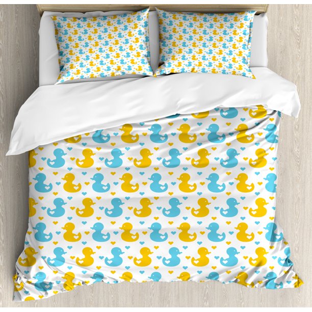 Rubber Duck King Size Duvet Cover Set, Baby Ducklings Pattern with