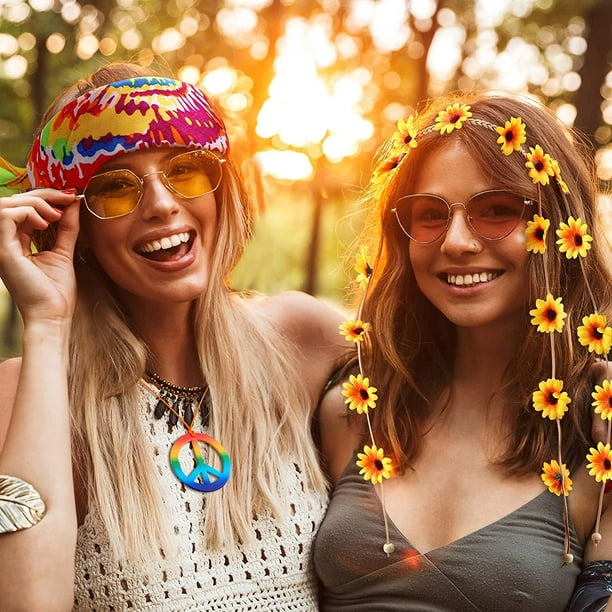 6 Pieces Hippie Costume Accessories Set 60s 70s Tie Dye Headband Sunflower  Crown Hippie Sunglasses Rainbow Peace Sign Necklace and Earrings for Women  Men Hippie Party Supplies - - 