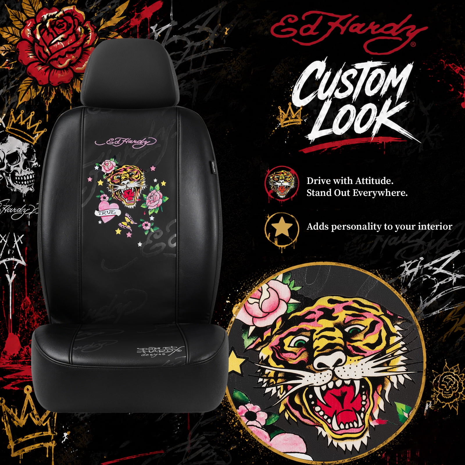 Ed Hardy Car Seat Covers,Pink Heart Floral Tiger Graphic Front Seat Covers, Fashion Seat Cover Set, Stylish Anti-Slip Universal Fit for Cars SUVs Trucks