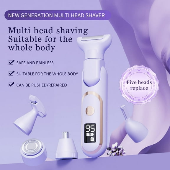 Electric Razor for Women, 5 IN 1 Lady Shaver Waterproof Wet & Dry USB Rechargeable Low Noise Body Hair Remover Epilator Bikini Trimmer Grooming Kit W/ LED Display for Leg Arm Armpit Underarms Purple