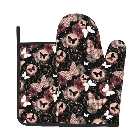 

Zeuib Butterflies1 Print Oven Mitt & Pot Holder Set 2-Pack Kitchen Gloves and Hot Pads for Cooking BBQ Grilling Baking
