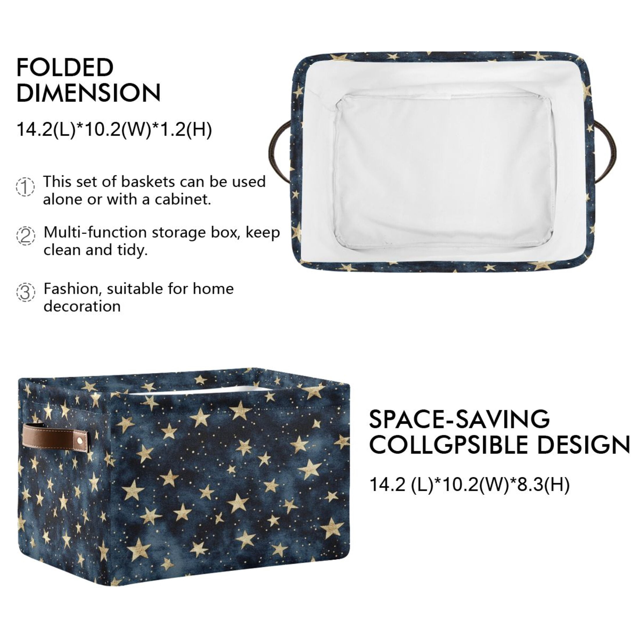 Small Gold Stars Pattern Foldable Storage Basket,Canvas Fabric Foldable Storage Bins with Handles Open Home Storage Bins Boxes for Toy Book Shelf Closet Baskets