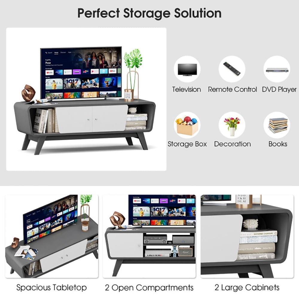 Finihen TV Stand, TV Cabinet, Sliding Door TV Stand with Adjustable Shelf for TVs up to 55 Inch, for Living Room, Bedroom, Gray