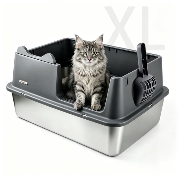 Aebveicc XL High-Sided Stainless Steel Open Top Cat Litter Box with Scoop, Extra Large Litter Box for Big Cats,  Gray
