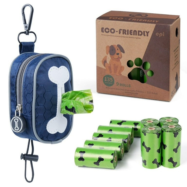 Peaoy Dog Poop Bag Dispenser Set 9 Rolls Waste Bags Storage Pouch Carabiner Leash Hanging Outdoor Walking Accessories Blue