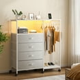 thumbnail image 6 of Bedroom Dresser with Hanging Rack, 4 Drawers Dresser with Charging Station and LED Lights, Storage Chest of Drawers with Clothes Rack and Wheels, Wooden Top, for Closet, Living Room, Hallway, White, 6 of 12
