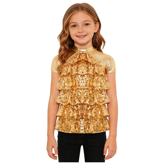 Manyakai Kids Girls Sparkle Sequins Salsa Samba Rumba Modern Jazz Hip Hop Dance Top Short Sleeve Tees Gold 10