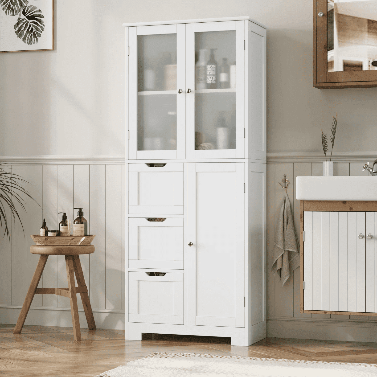 Homfa Bathroom Storage Cabinet, 56.6"H White Linen Cabinet with 3 Doors and 3 Drawers