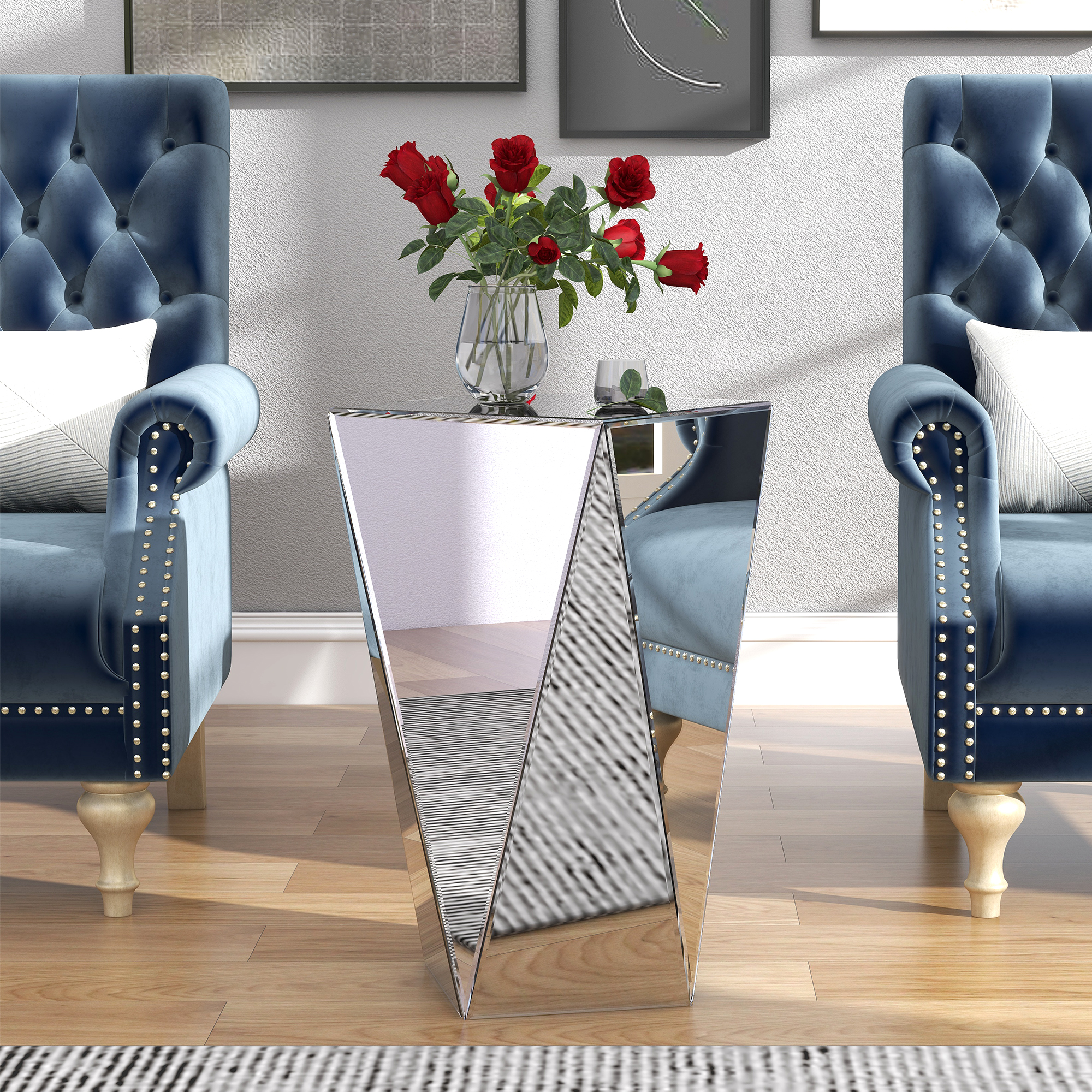 Pedestal Base End Table Mirrored Geometric End Table Side Table Accent