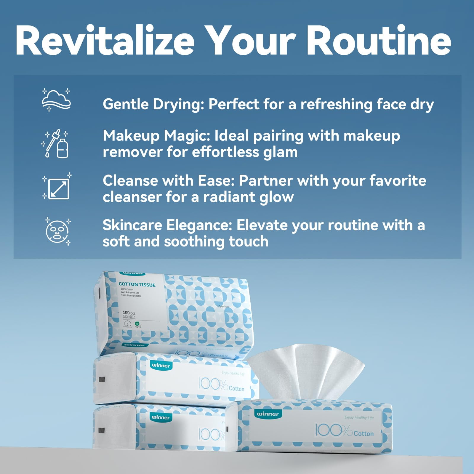 Winner Face Towels, 100% USA Cotton Facial Towel , Makeup Remover Wipes, Dry/Wet Use, Face Towelettes Disposable, Unscented Cotton Tissues for Sensitive Skin, Facial Cleansing, Nursing, , 7.87" x 7.8