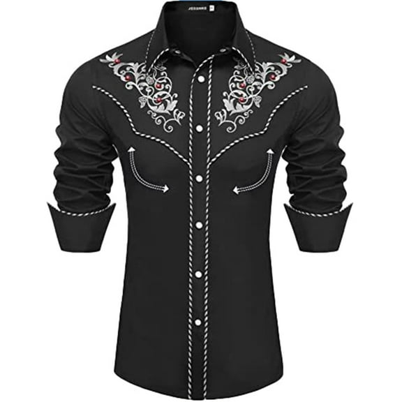 Vintage Western Cowboy Shirt for Men Embroidered Long Sleeve Pearl Snap Shirt Rhinestone Button Down Shirt Spring Fall Black S