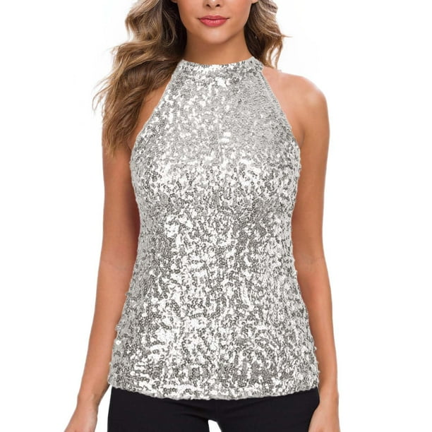 Top halter con lentejuelas para mujer - Blusa corta sin mangas brillante para fiesta/discoteca (talla única)