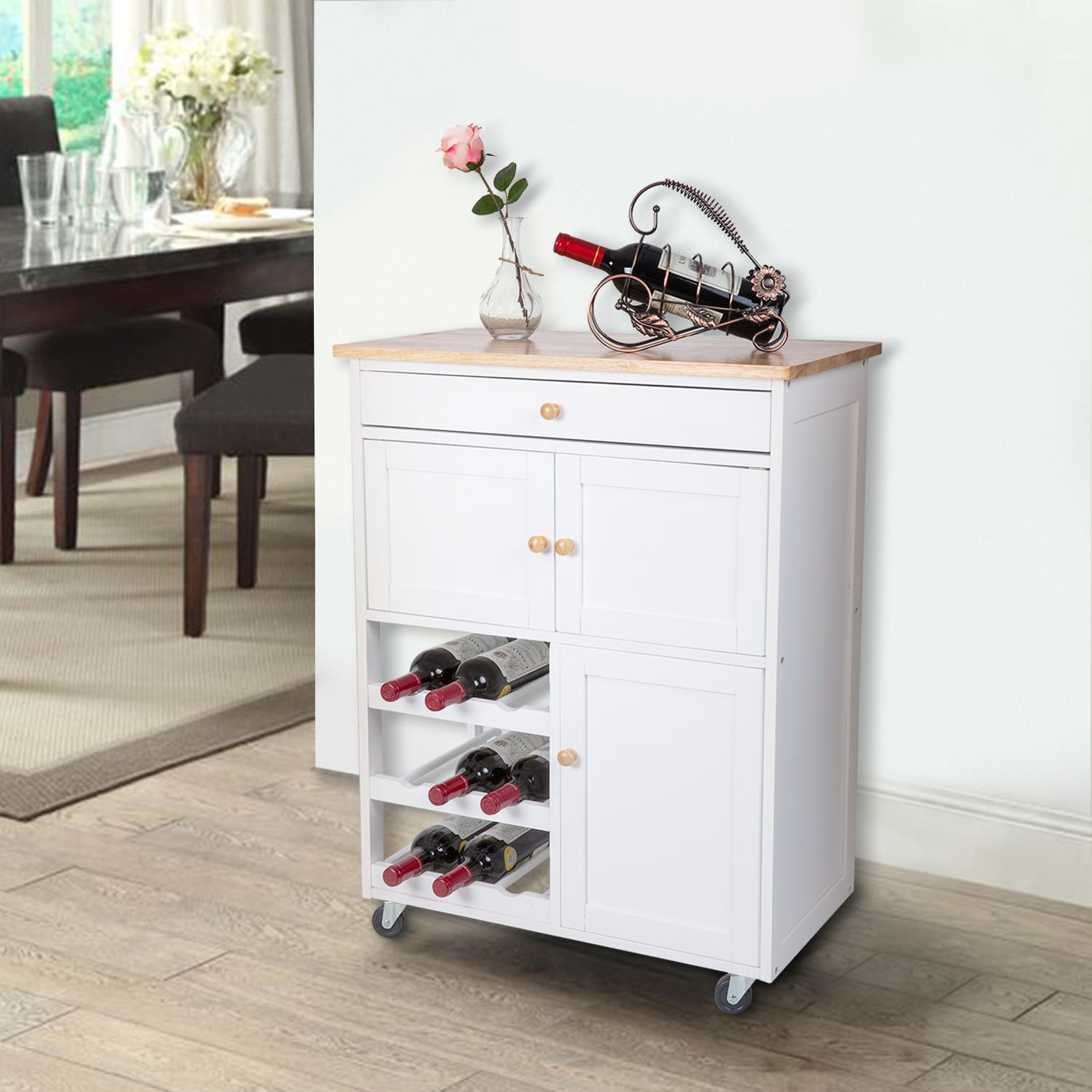 White /& Wood Color Multi-Purpose Wood Rolling Wood Kitchen Island Trolley Cart Wood Top Storage Cabinet Utility