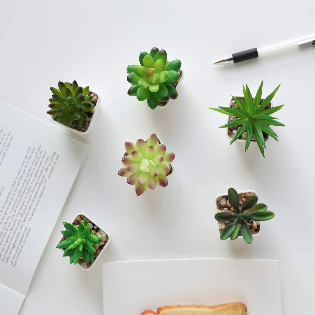 Mini Fake Succulent Plants Artificial Plastic Succulents Potted Faux Assorted Plants for Home Office Table Decoration, Set of 6 (White Plastic Pots)