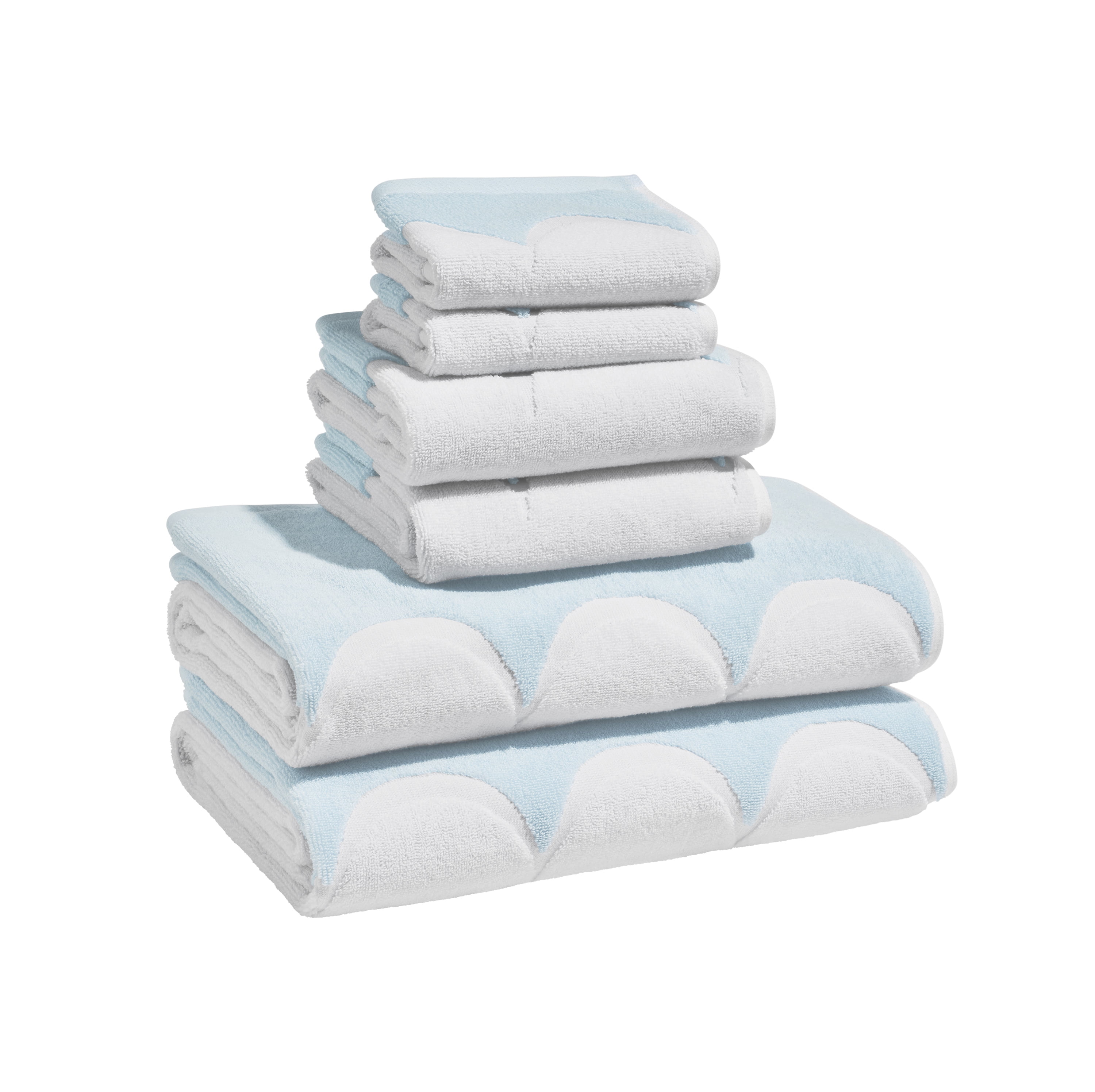 Beautiful by Drew Barrymore 6-Piece Scallop Bath Towel Set, Soft 100% Cotton, Hydrangea