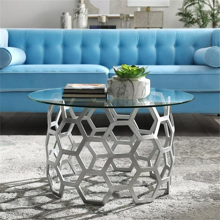 Bowery Hill Round Glass Top Coffee Table in Silver BH 4752 1965526
