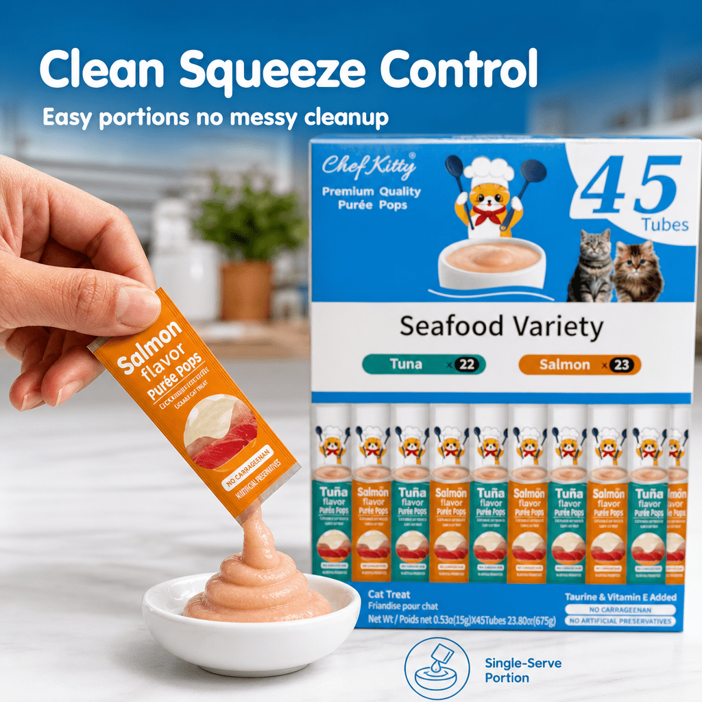 Chef Kitty Puree Pops Seafood Mix Creamy Purée for Cats, 45 Pieces Box