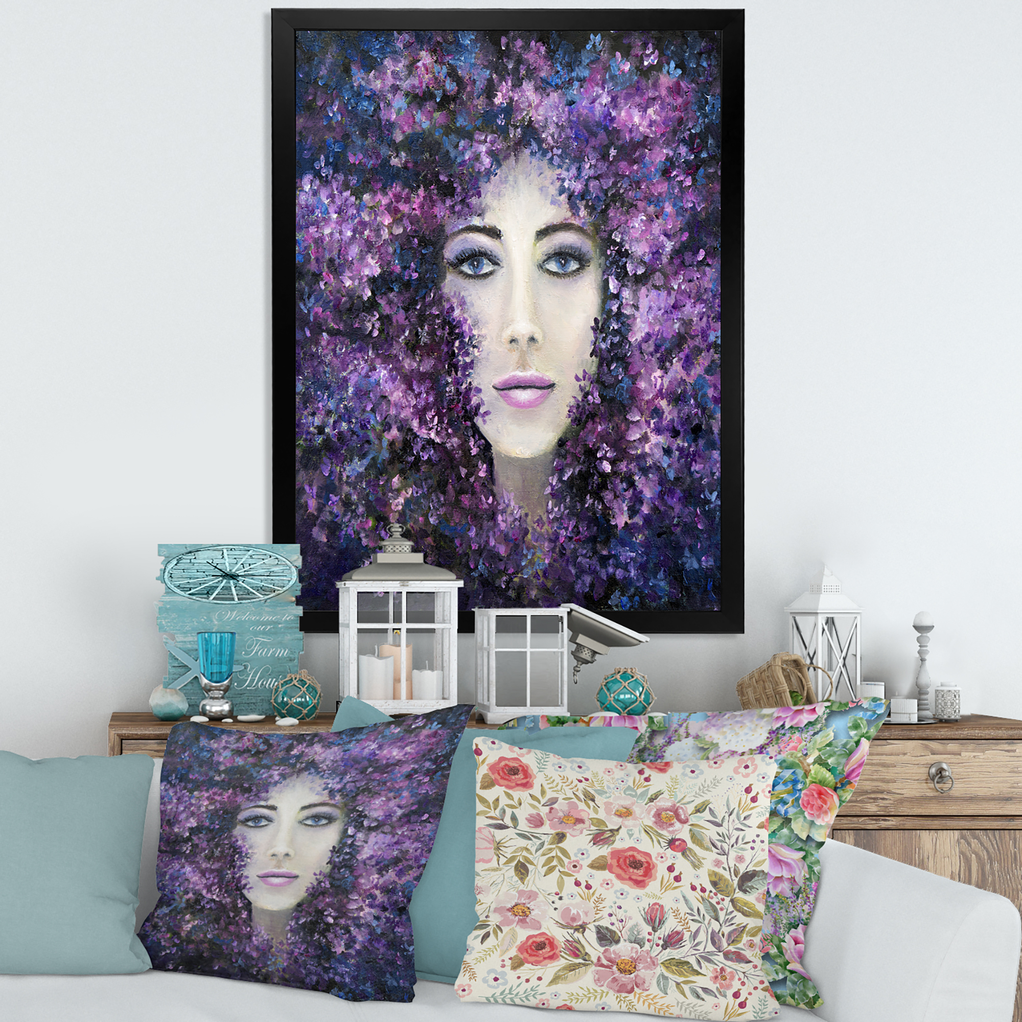 Designart 'Portrait of A Lady With Purple Lavender Flowers' Modern Framed Art Print