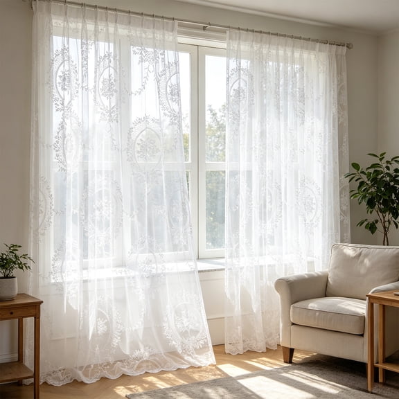Botanical Lace Sheer Curtain – White Jacquard Floral Window Drape, Light Filtering Rod Pocket for Living Room Bedroom, 39.3x110.2 Inch