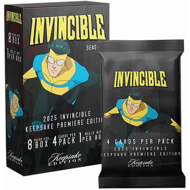 2025 Invincible Season 1 Keepsake Premiere Blaster: 8 Packs Per Box, One Guaranteed Relic, Chase Rare Autos and Patches