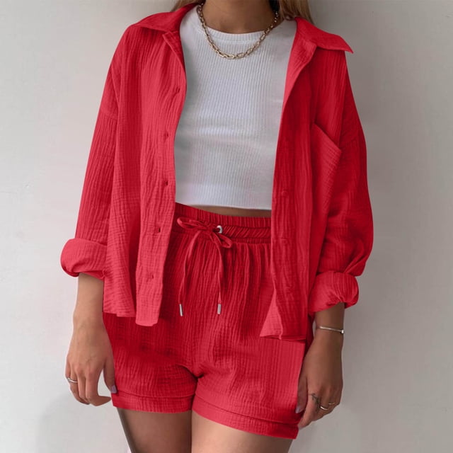 FNFYFH Clearance Women Summer Outfits Button Down Shirts Shorts 2 Piece Sets Solid Shirred Long Sleeve Shirt with Drawstring Short Pants Matching Set Red,M