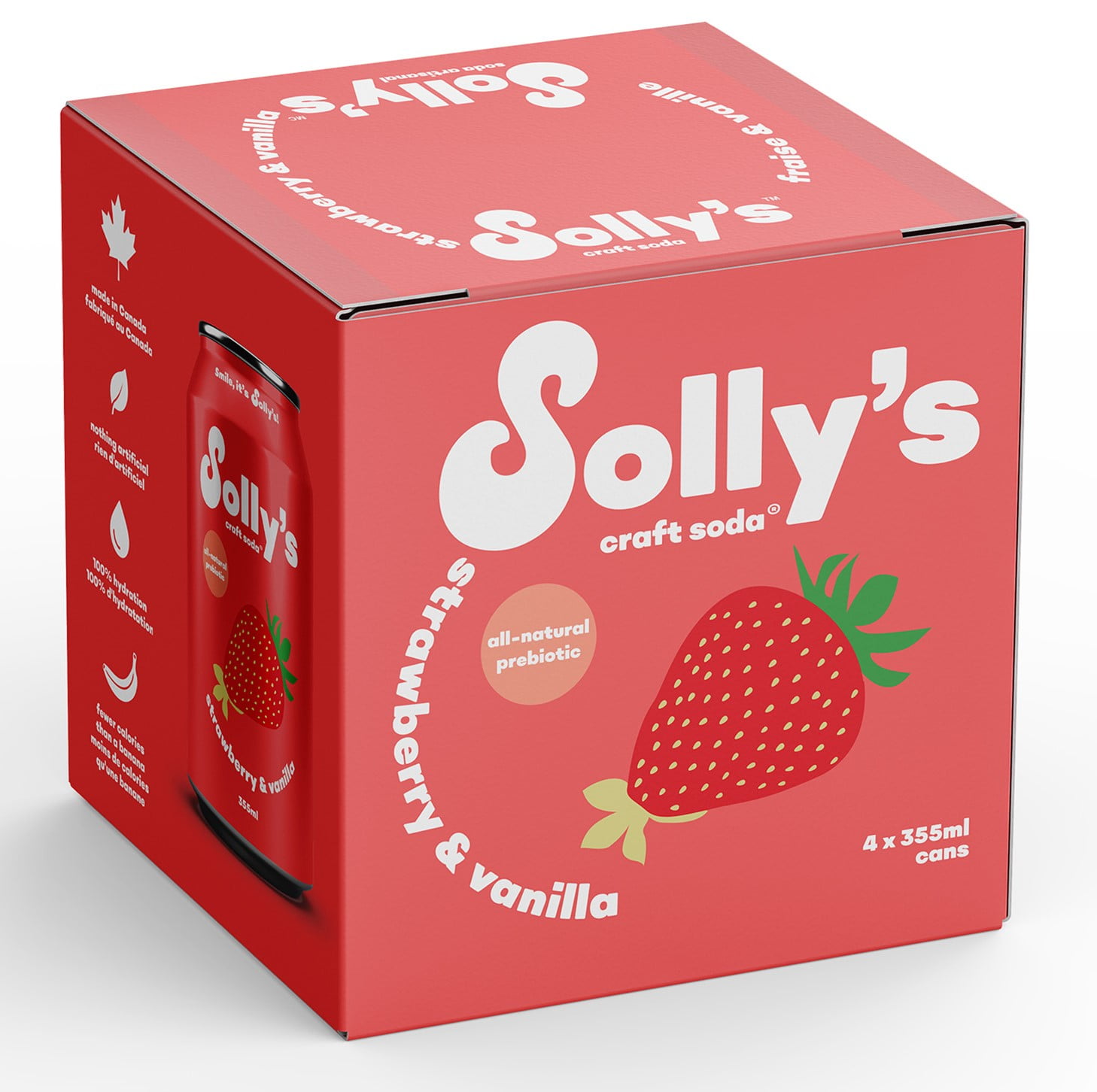 Solly's, Strawberry and Vanilla Prebiotic Craft Soda, 355 ml, 4 pack Cans, 4 x 355 mL
