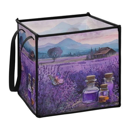 Home Organizer Foldable Fabric Storage Bin With Handle Watercolor Of Lavender Fields