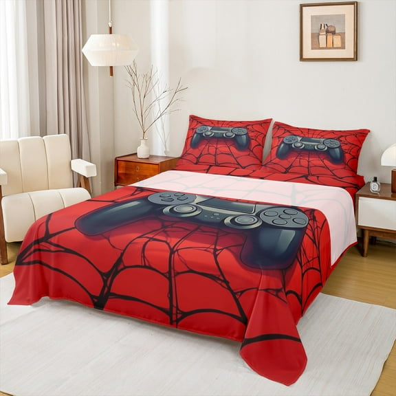 Manfei Black Game Console Twin Sheet Sets,Gamer Gaming Twin Fitted Sheet,Halloween Spider Webs Flat Sheet For Boys,Breathable Bedroom Decorative,3 Pieces