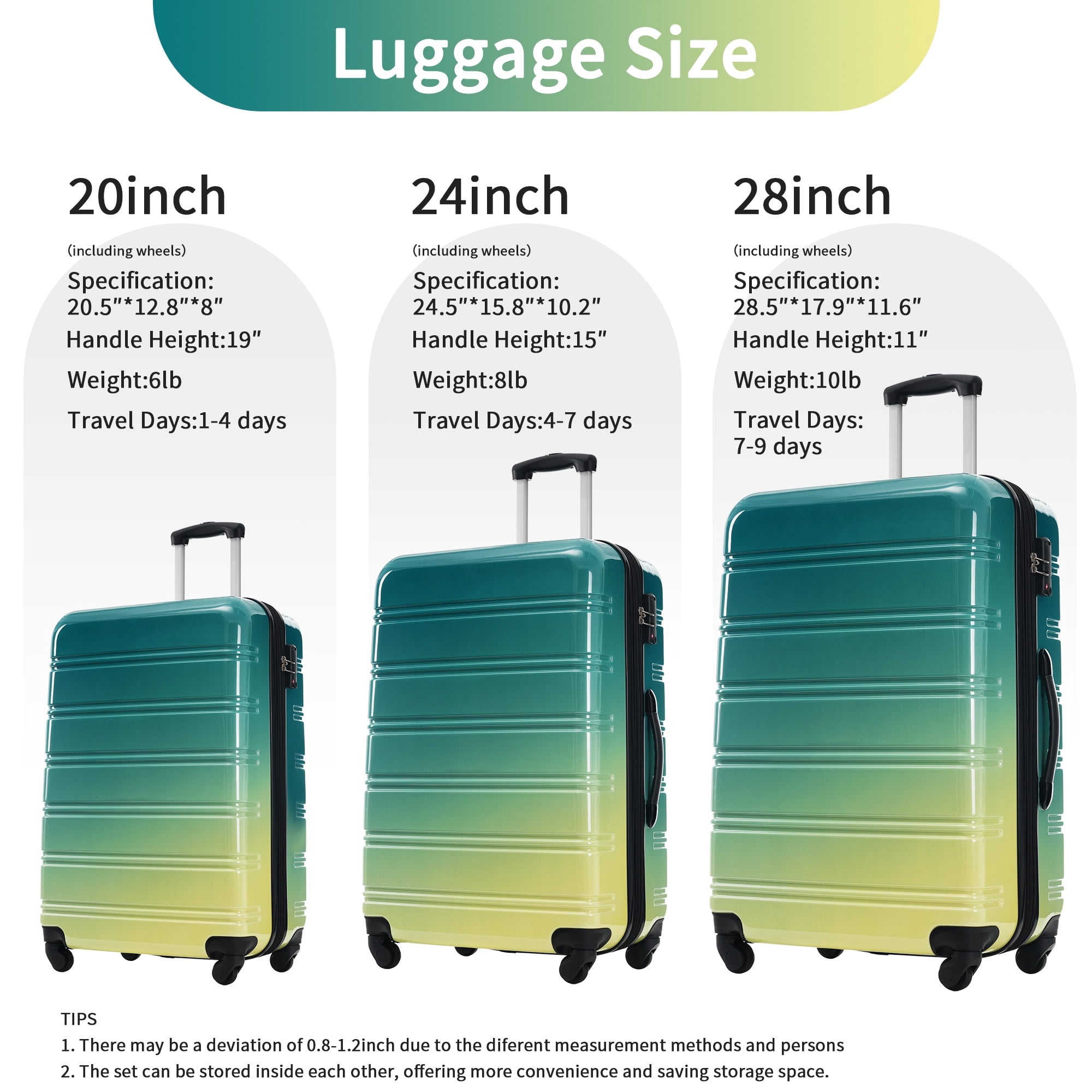 PAPROOS 3-Piece Luggage Set (20"/24"/28"), Hardshell Lightweight Suitcase with TSA-Lock and Spinner Wheels, Expandable Travel Luggage for School, Travel, Green + Yellow