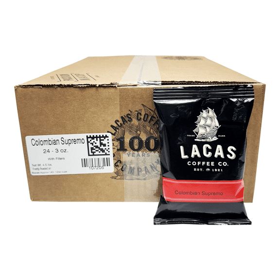 Lacas Coffee Colombian Supremo, Ground Coffee, Medium Roast, 24 x 3oz Fractional Packs with Filters – Single Origin from Huila, Pre-Portioned for 64oz Brew Pots