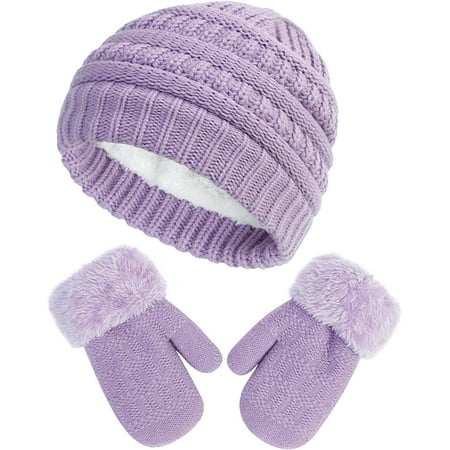 

Muryuobao Toddler Kids Girls Boys Knitted Winter Hat Gloves Set Warm Fleece Lined Hats Baby Cable Skull Beanie Cap Mittens Set 12-36 Months Purple