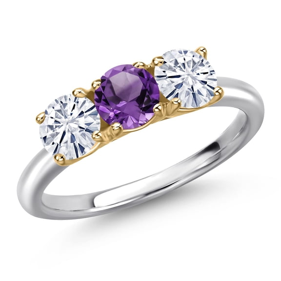 Gem Stone King 925 Silver and 10K Yellow Gold Purple Amethyst and White Moissanite Engagement Ring for Women | 1.48 Cttw | Round 5MM | Gemstone February Birthstone | Size 7