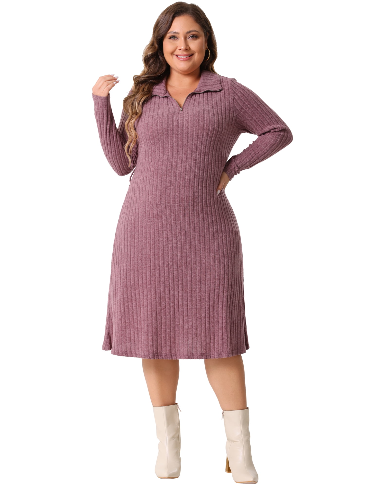 DARING DIVA Plus Size Ribbed Sweater Half Zip Front and Tie Waist Dress 1X Purple