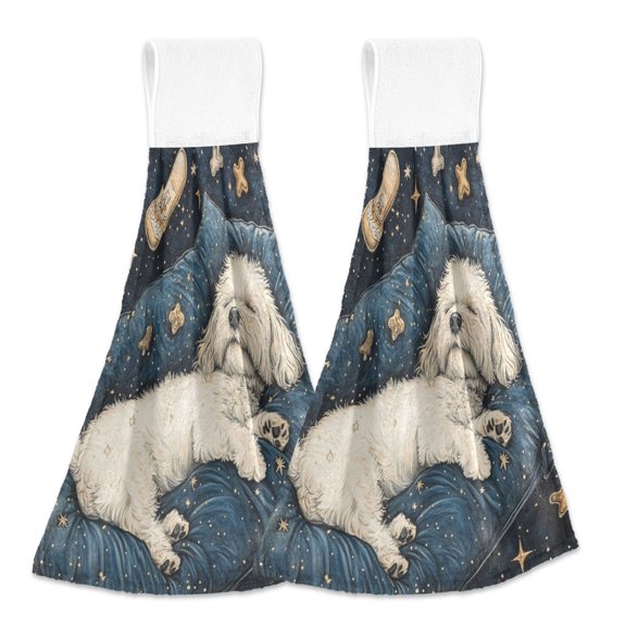 BZSMCE Hanging Hand Towels Fashion Dreamy Dog Pattern 2-Pack - Velcro Style Bathroom Kitchen Towels