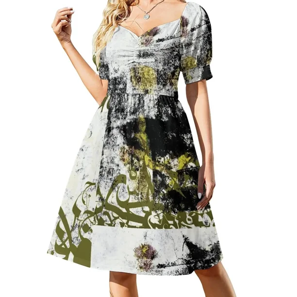 Vestido de manga corta con caligrafía abstracta, vestido de mujer, vestidos elegantes para mujer