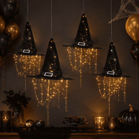 Lighted Witch Hat Halloween Hanging Decoration, Warm LED Hanging Decor with Dangling Stars Moon for Covered Porch, Window, Entryway, Patio, Staircase and Party