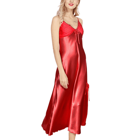 

RSRZRCJ Women s Satin Silk Long Dress Sleepwear Pajamas Nightdress Lingerie Nightwear Dress Lace Trimmed One-piece