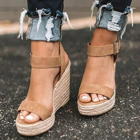 

LINMOUA Womens sandals Women Summer Large Size Wedge Belt Open Toe Slope Heel Weaving Sandals