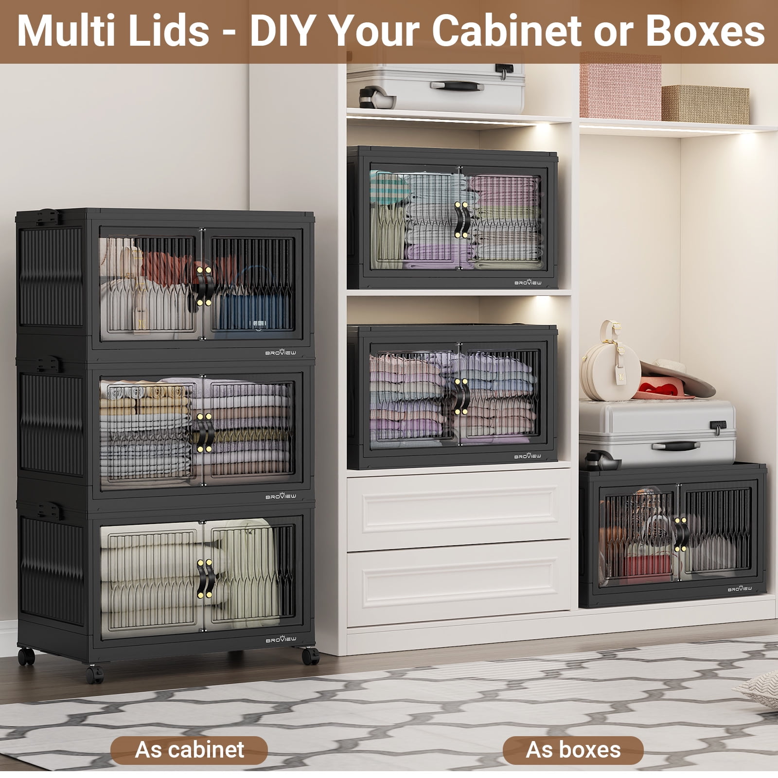 Broview V8 200Gal Large Stackable Storage Bins with Lid, Plastic Containers With Drawers, Folding Closets and Organizers with 4x Wheels Doors, Collapsible Cabinets Box for Home, 5-Pack Black