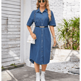 thumbnail image 5 of Women's Summer Loose Hand Pocket Midi Long Tunic Denim Shirt Dress, 5 of 6